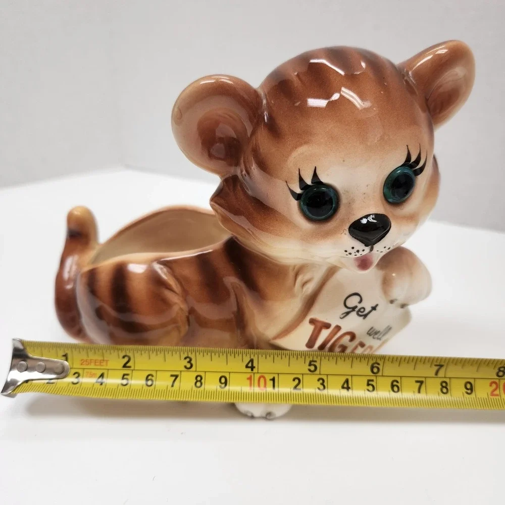 Vintage Lefton Tiger Green Eyes Ceramic Planter Get well 7